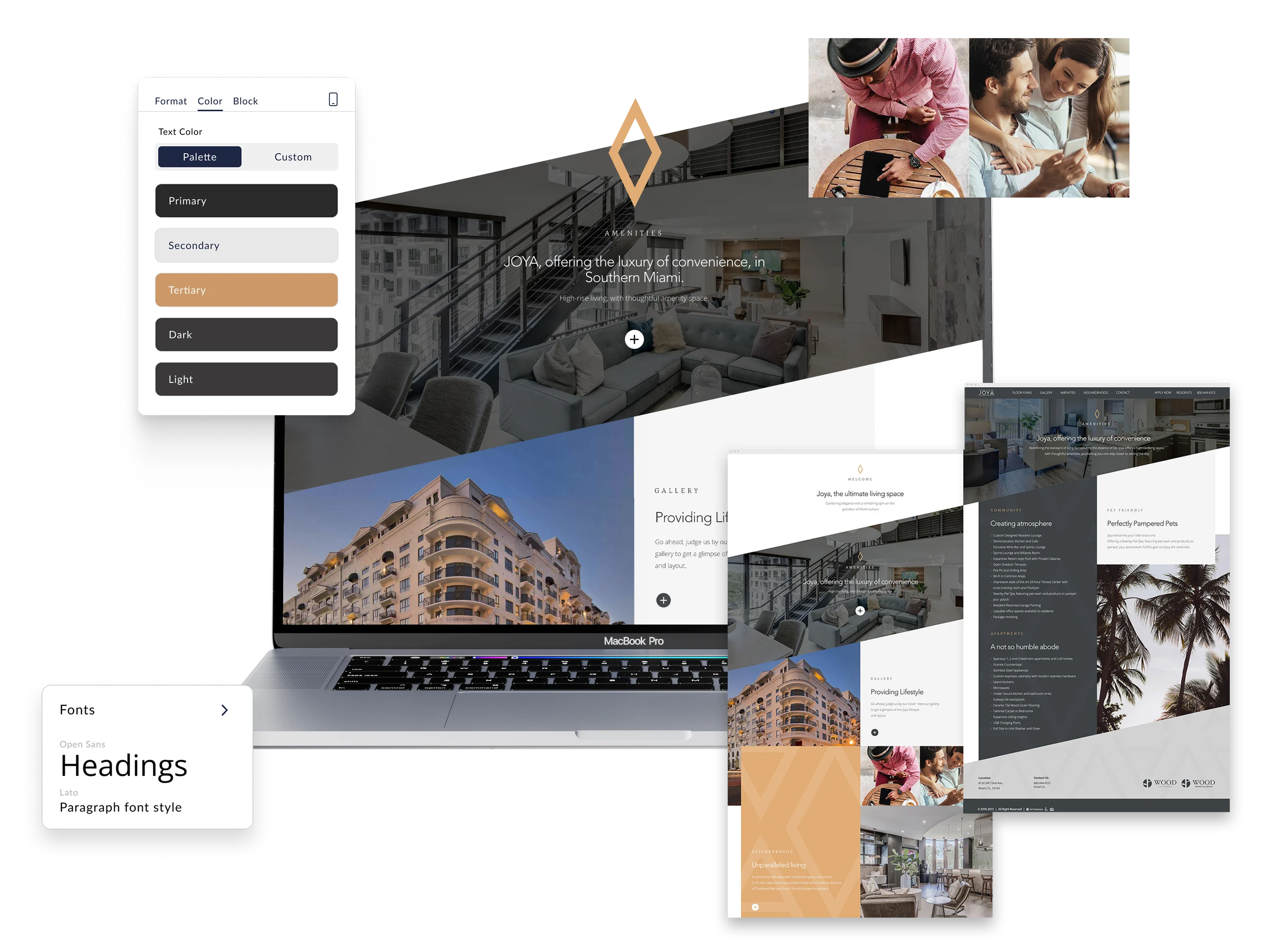 Digital Design Showcase A collage of digital design elements including a website interface displayed on a laptop, color palette options, font styles, and business templates with images and text.