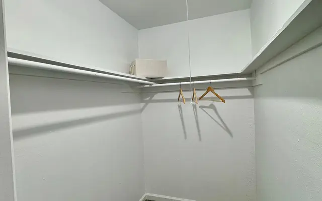 Empty Walk-in Closet An empty closet with white walls and carpeted floor, featuring a light bulb hanging from the ceiling and a few wooden hangers on a shelf.