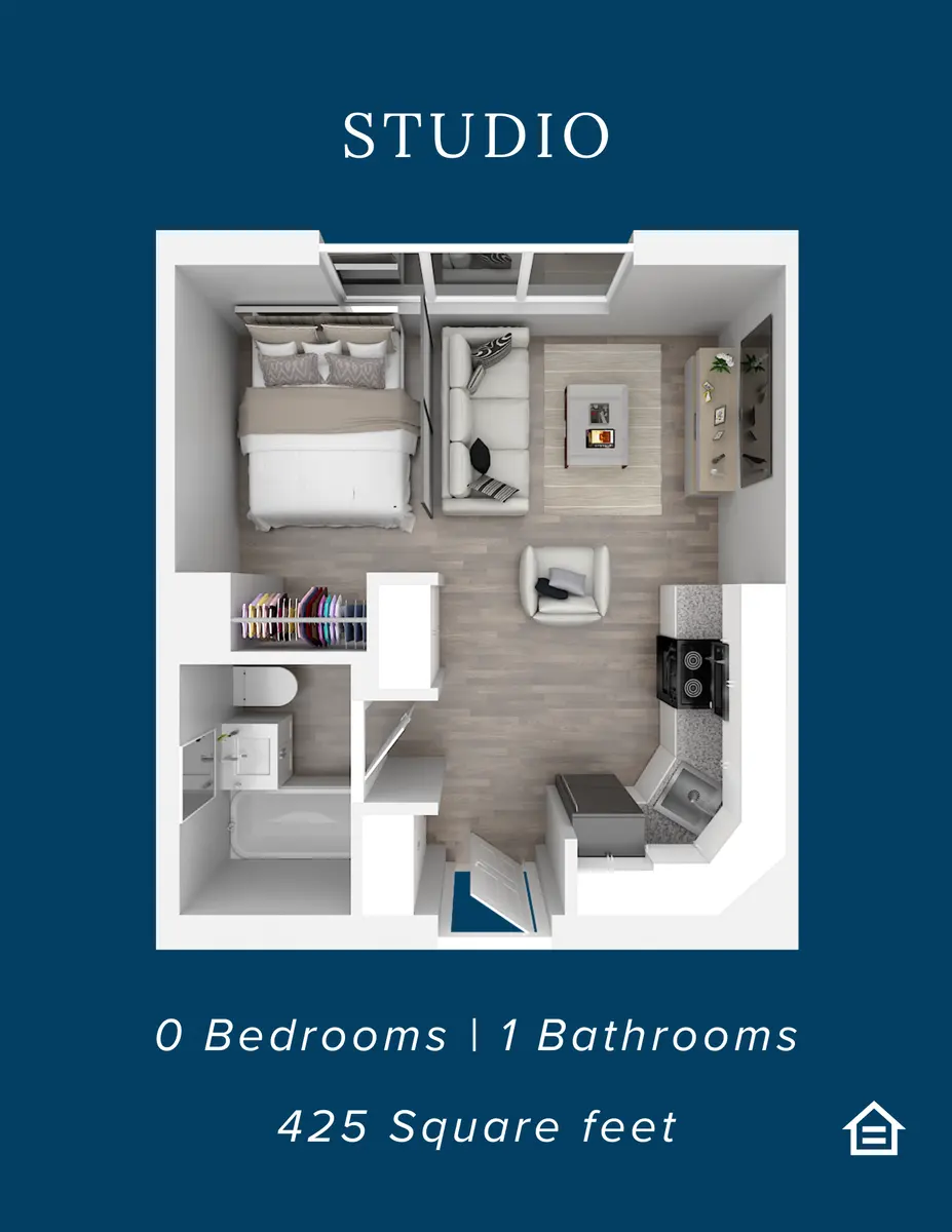 A detailed floor plan of a studio apartment featuring 0 bedrooms, 1 bathroom, and a total area of 425 square feet. The layout includes a living space with a bed, sofa, coffee table, and kitchen area, accompanied by a bathroom and storage area.