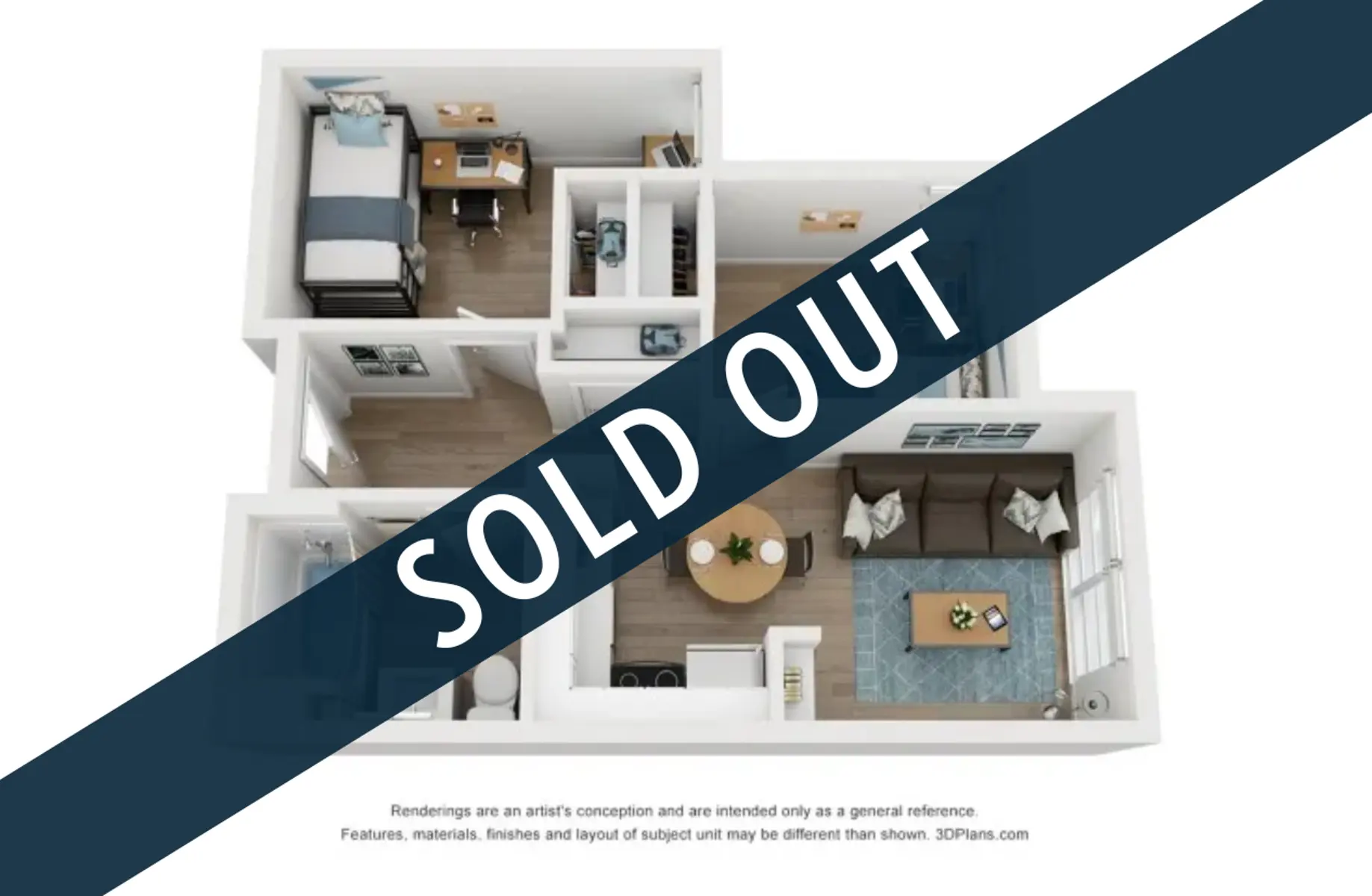3D floor plan of an apartment with the text 'SOLD OUT' overlaid.