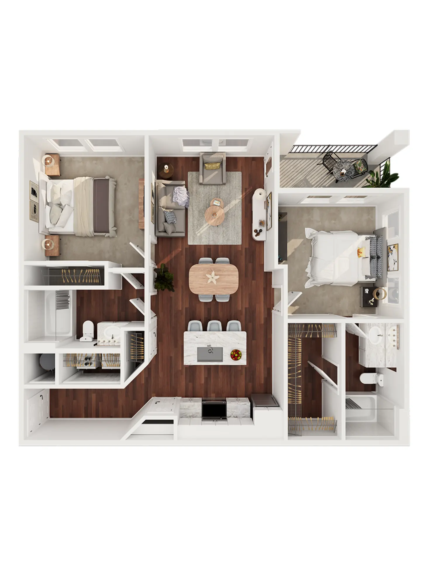 A top-down view of an apartment layout featuring a living area, dining area, and two bedrooms. The space is designed with modern furniture and neutral colors, showcasing areas for relaxation and dining.
