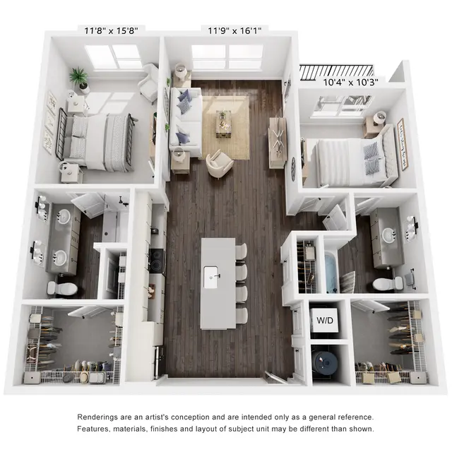 A detailed floor plan layout of an apartment with labeled dimensions for each room.