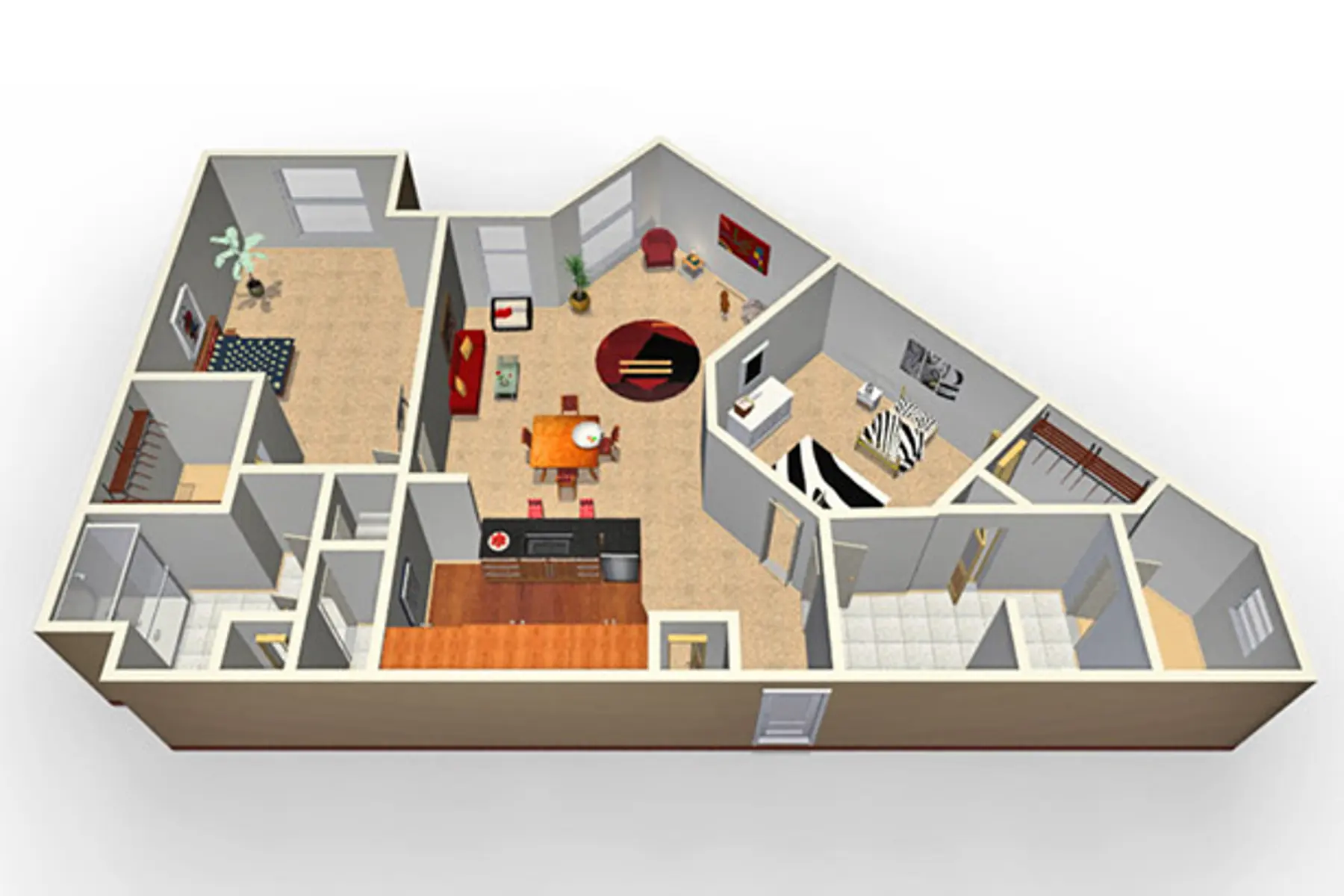 3D floor plan of a home featuring multiple rooms, furniture, and an open layout