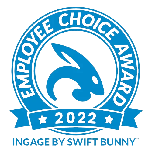 A blue circular badge that reads 'Employee Choice Award 2022' with a bunny silhouette and 'Ingage by Swift Bunny' underneath.