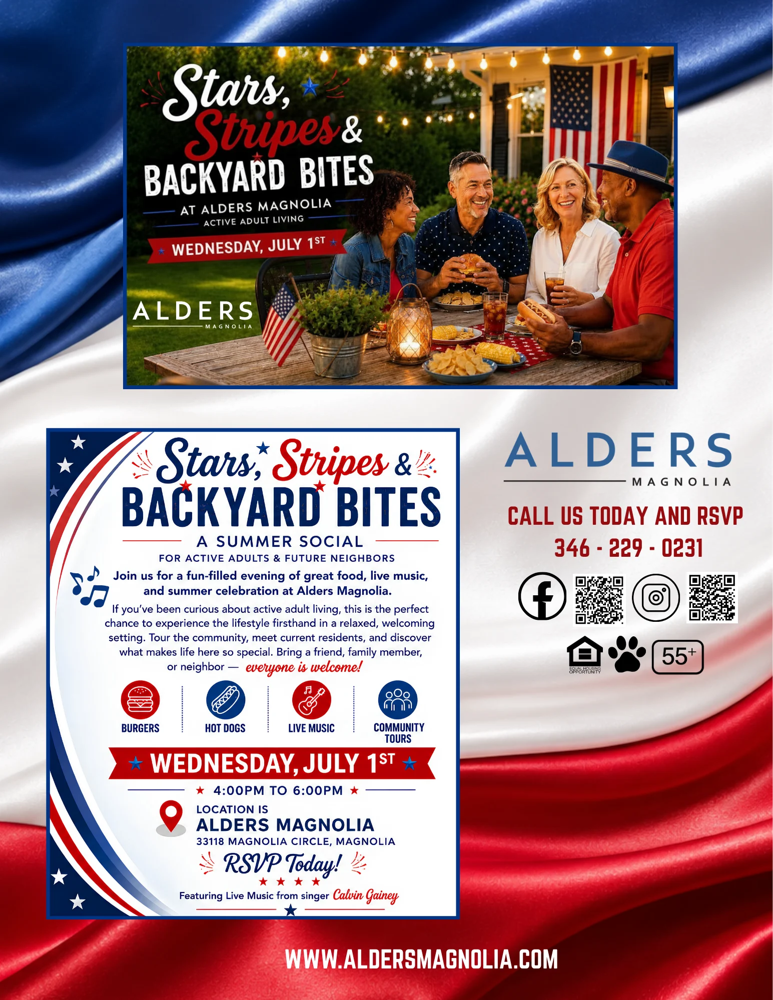 Event flyer for 'Stars, Stripes & Backyard Bites' featuring information about a summer social gathering at Alders Magnolia on July 1st, with details about activities, time, and location.
