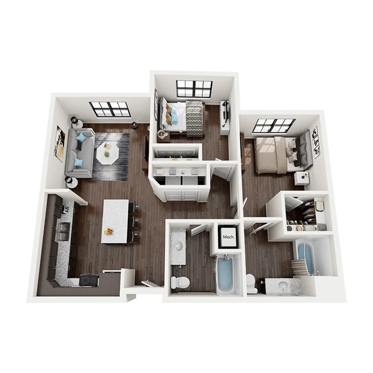 A 3D layout of a modern apartment showing a living room, kitchen, dining area, two bedrooms, and two bathrooms.