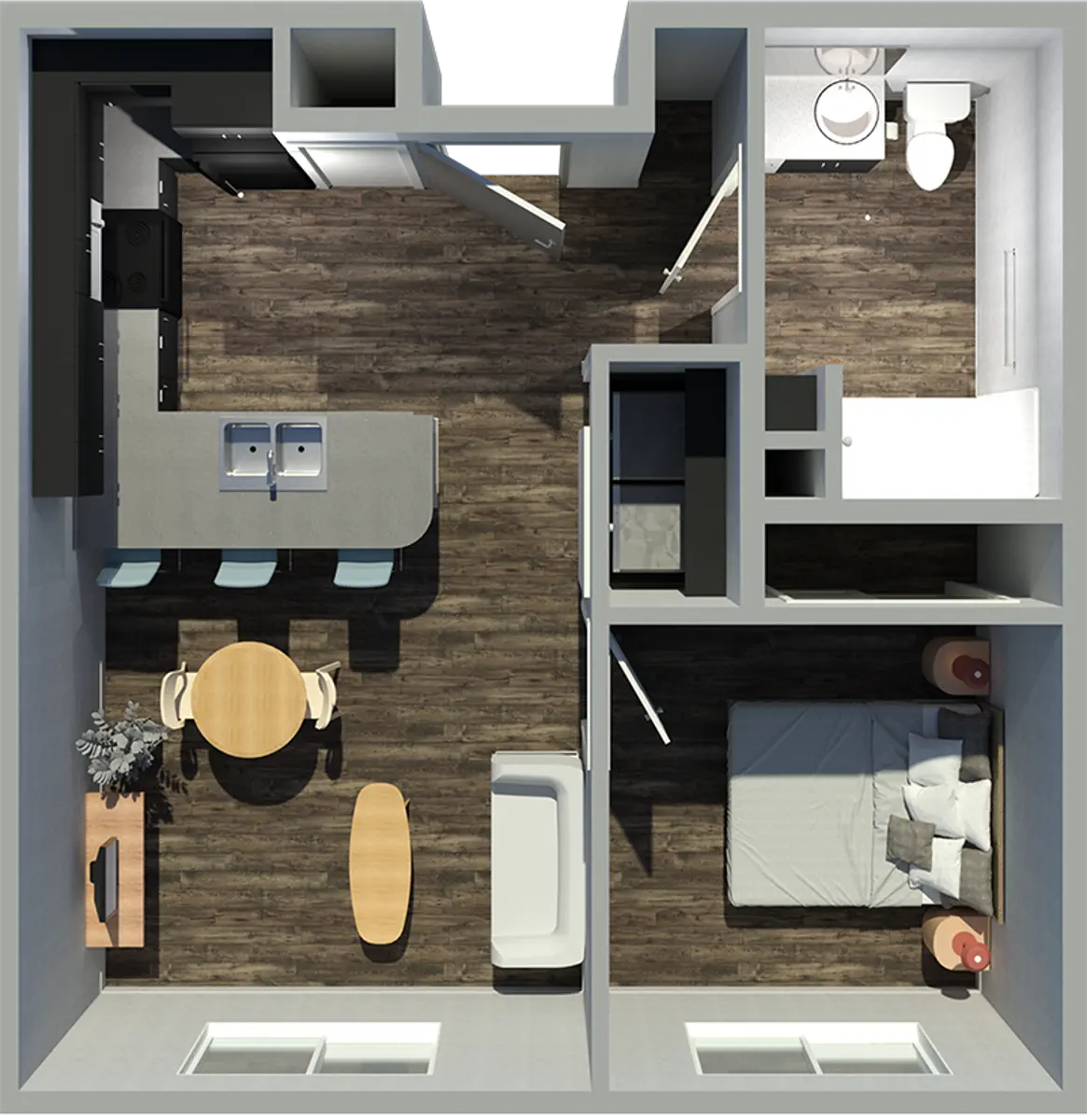 Top view layout of a small apartment featuring a kitchen, dining area, living space, bedroom, and bathroom.