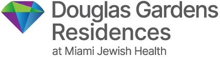 Logo of Douglas Gardens Residences at Miami Jewish Health featuring a colorful diamond icon and text in modern font.