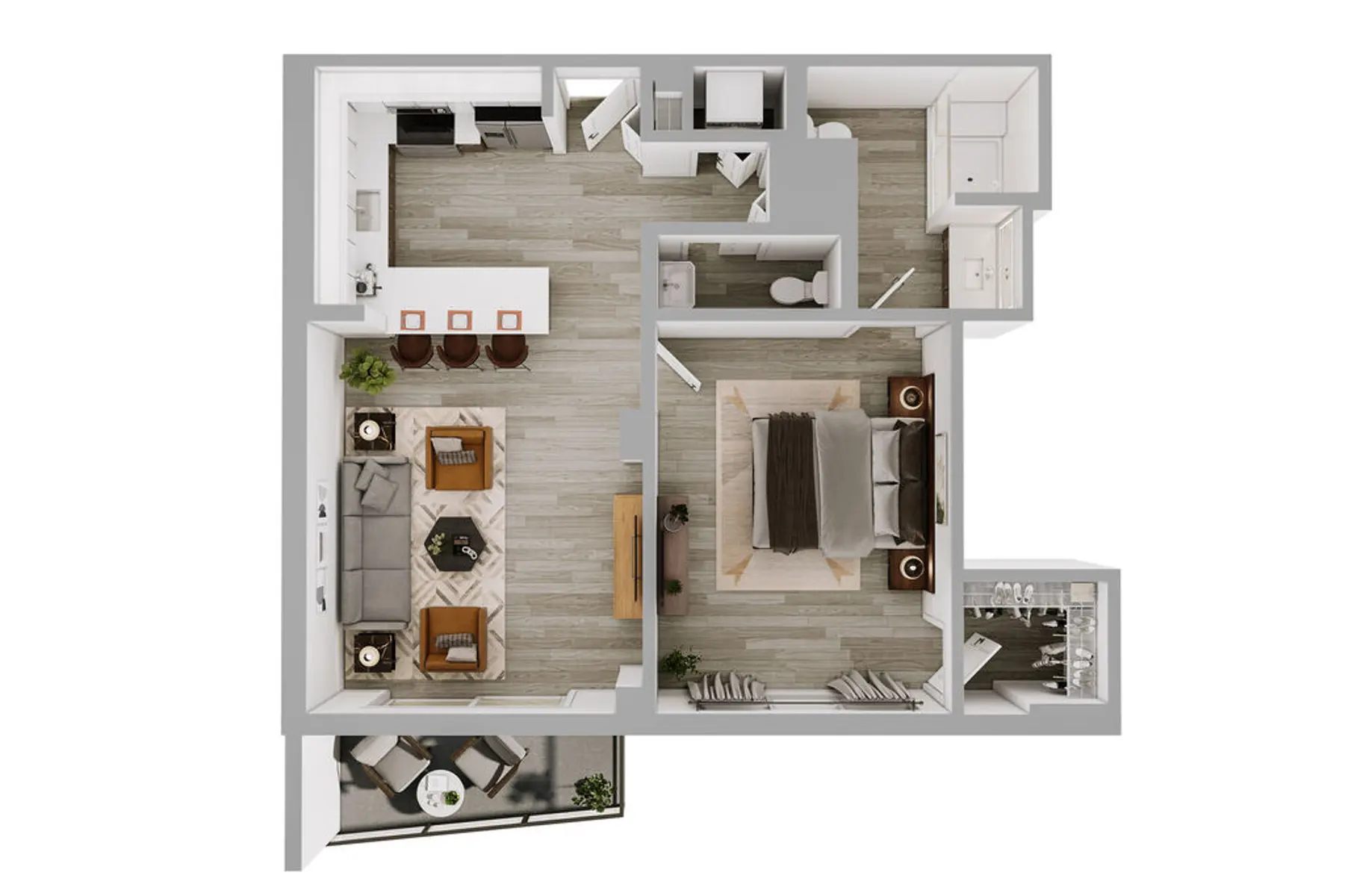 A top-down view of a contemporary apartment layout featuring a living room, kitchen, bedroom, and bathroom.