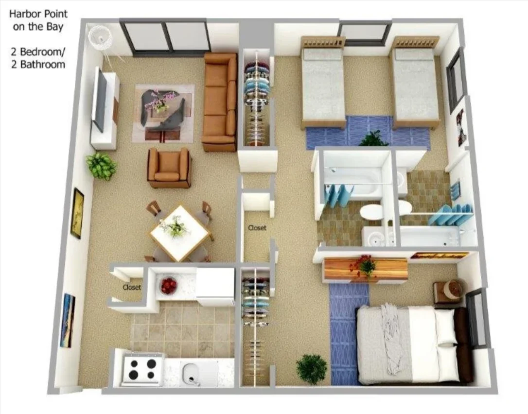 2 Bedroom, 2 Bathroom Apartment Floor Plan Floor plan of a 2 bedroom, 2 bathroom apartment layout called Harbor Point on the Bay.