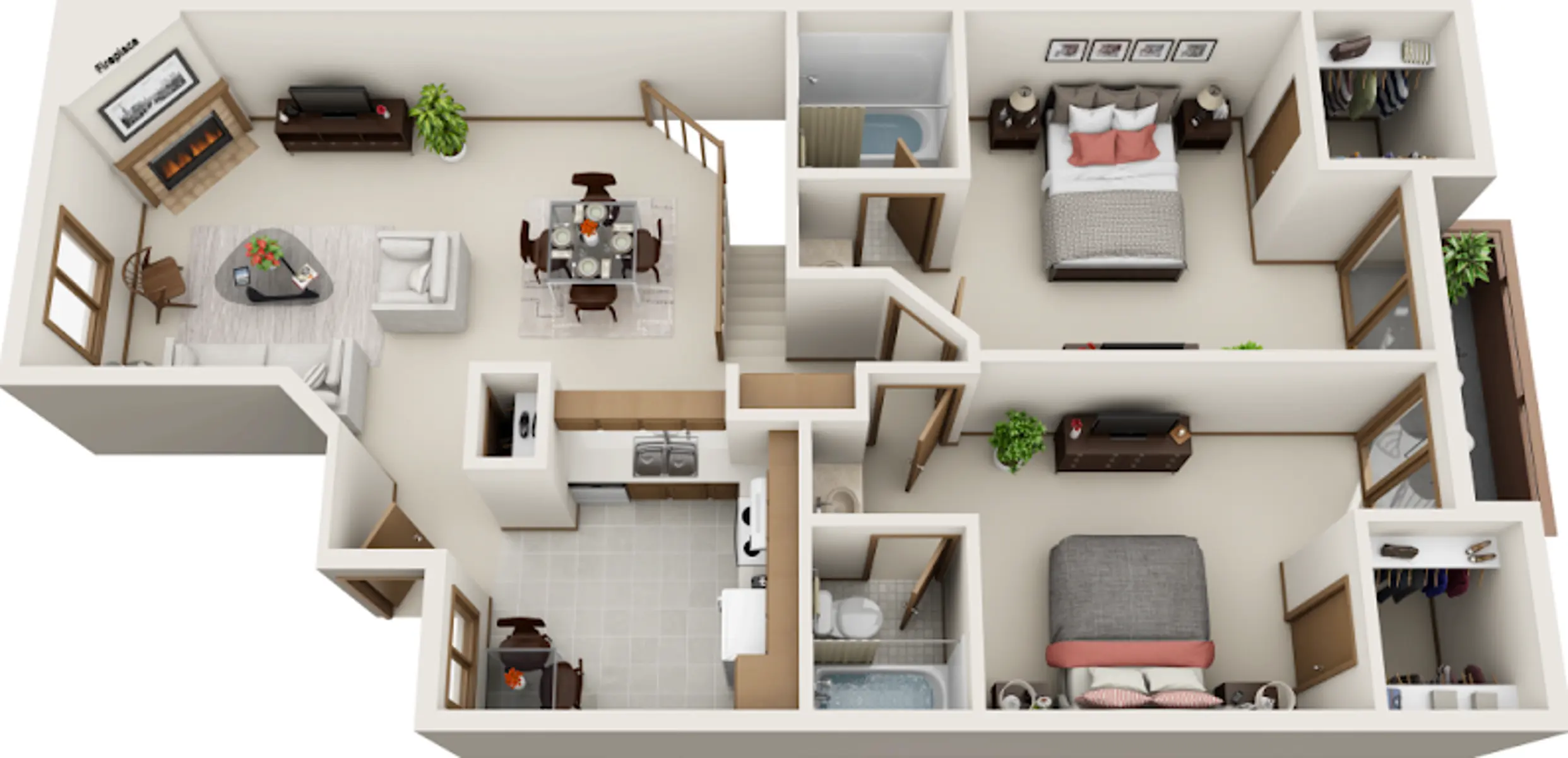 Two-Bedroom Apartment Layout Top-down view of a two-bedroom apartment layout showcasing distinct rooms and furniture placements including a living area, dining space, kitchen, two bedrooms, and bathrooms.