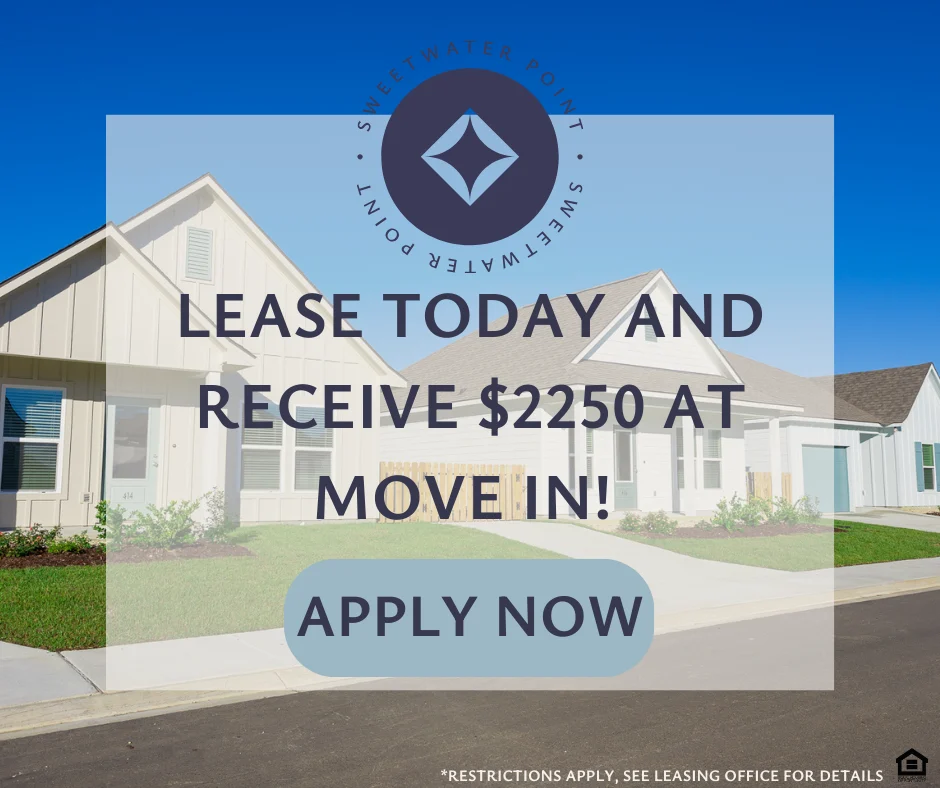 Seawater Point Leasing Promotion Promotional advertisement for leasing at Seawater Point featuring several houses and a special incentive.