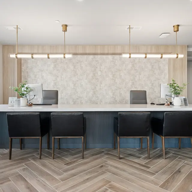 Modern Reception Area A modern reception area featuring a long desk with four black chairs and a light-colored wall behind it. The space has large windows letting in natural light and greenery visible outside.