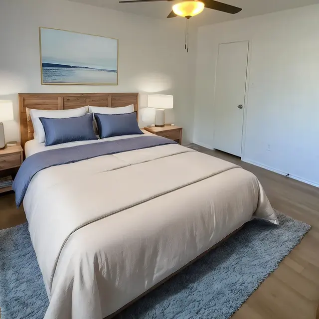 A cozy modern bedroom featuring a wooden bed frame with light bedding, two bedside lamps, and a modern painting on the wall. There is a plush rug under the bed and a wooden dresser to the side.