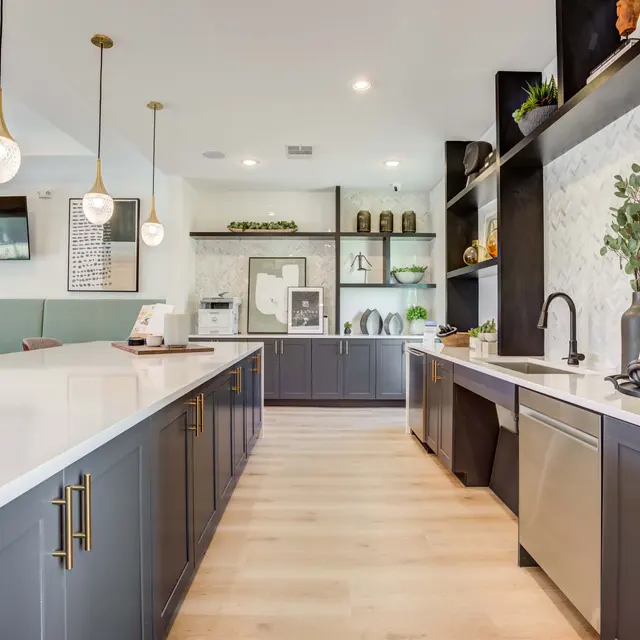 A contemporary kitchen with a long island countertop, black and gray cabinetry, and modern appliances.