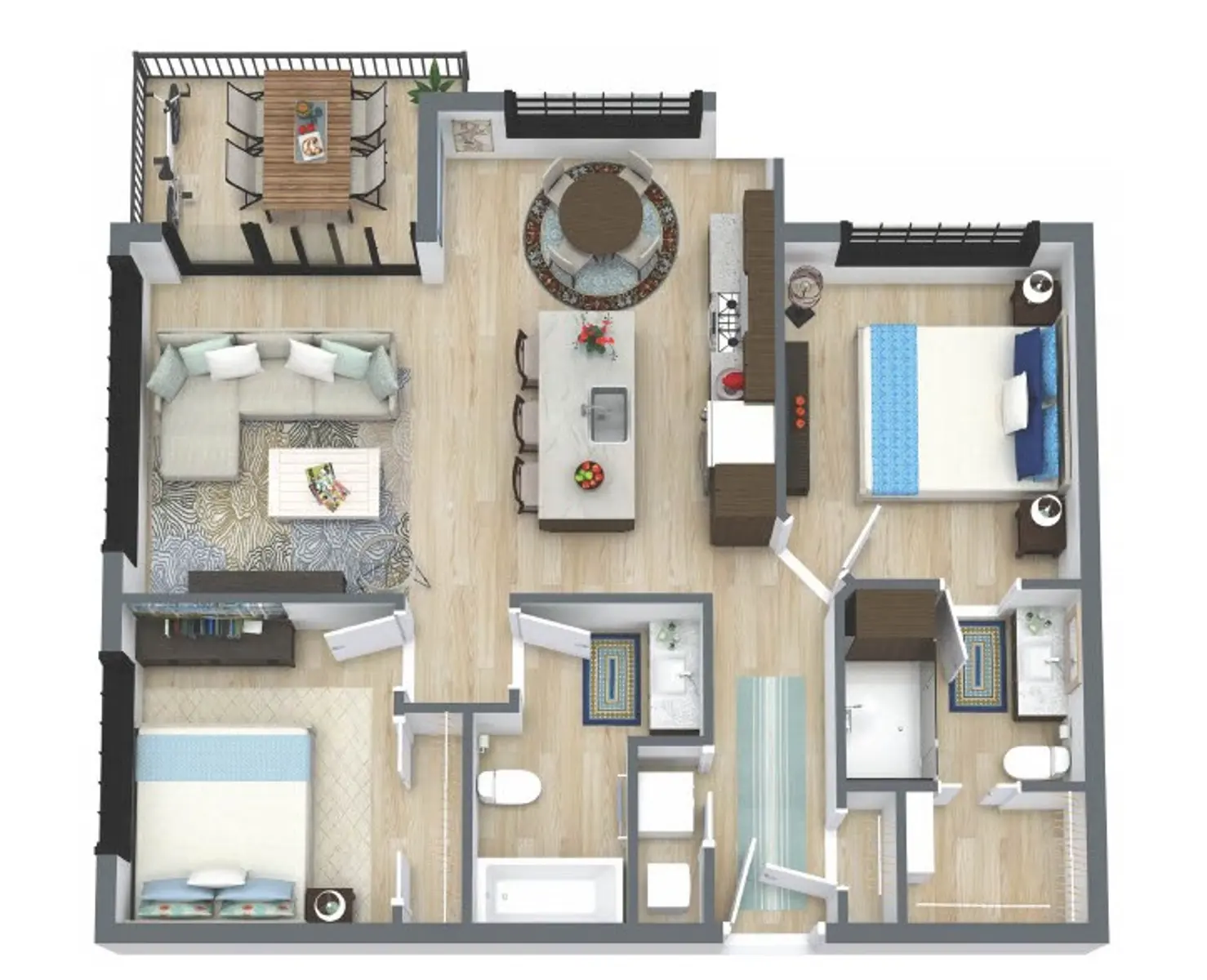 Modern Apartment Floor Plan A modern apartment floor plan showing different rooms including a living area, kitchen, dining area, two bedrooms, and bathrooms. The layout is spacious with a mix of open and private areas.