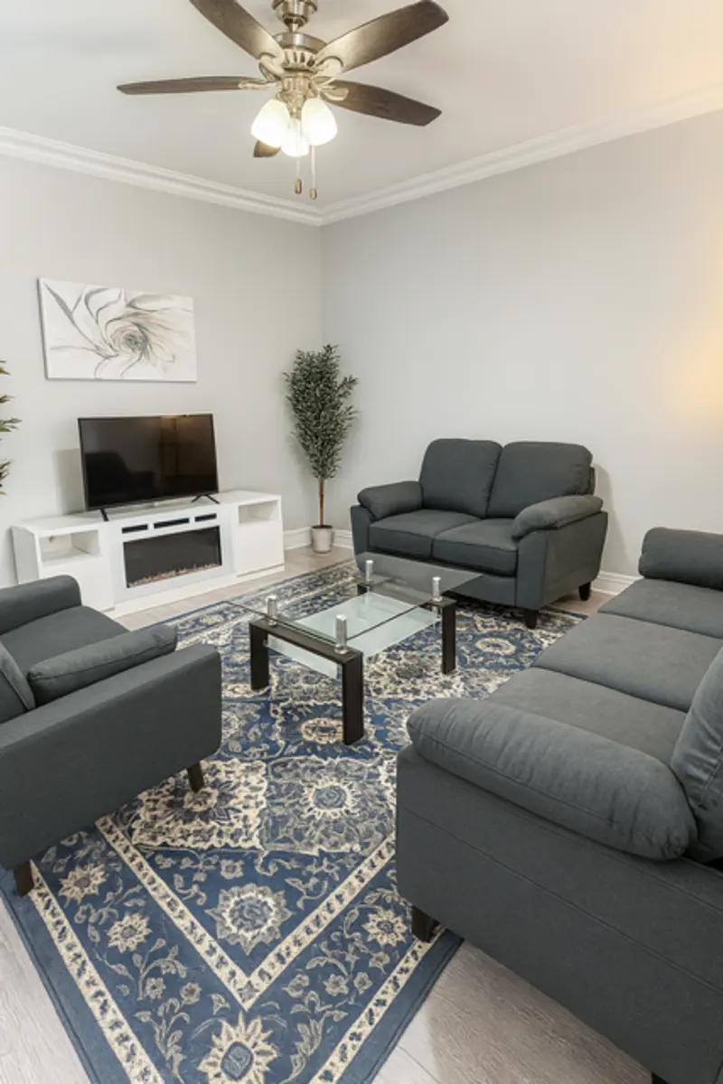 A cozy living room featuring two dark gray sofas, two armchairs, a glass coffee table, and a television. The walls are light gray, and there is a decorative rug with blue and cream patterns on the floor. A plant and modern artwork are displayed on the walls.