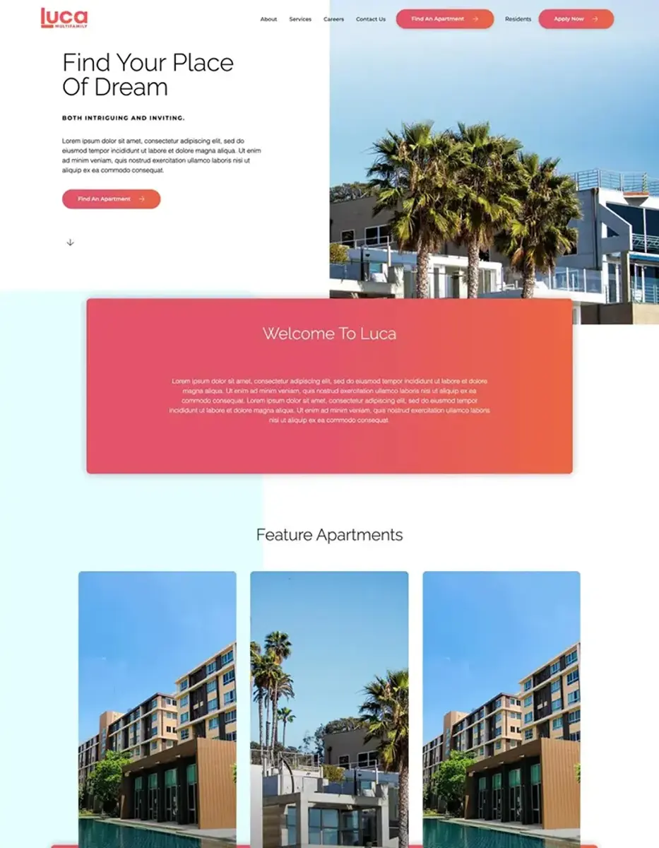 Luca Real Estate Website Design A website layout for 'Luca', featuring a header with a logo, a large introductory section with the slogan 'Find Your Place Of Dream', a welcome message, and images of featured apartments.