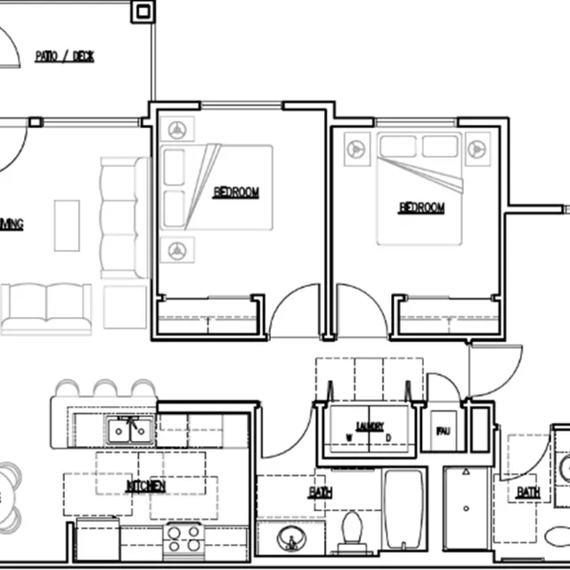 A detailed floor plan of an apartment layout featuring various labeled rooms including living, dining, kitchen, and multiple bedrooms and bathrooms.