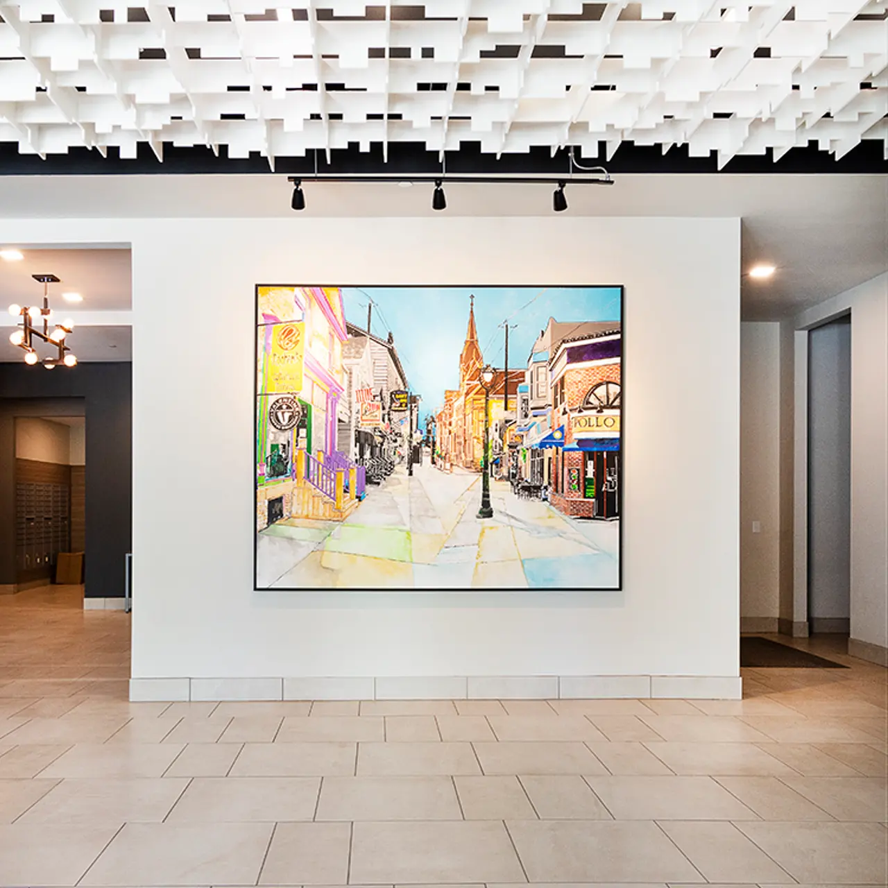Modern Art Gallery Interior Interior of an art gallery featuring a large painting on the wall, with a modern ceiling design and tiled floor.