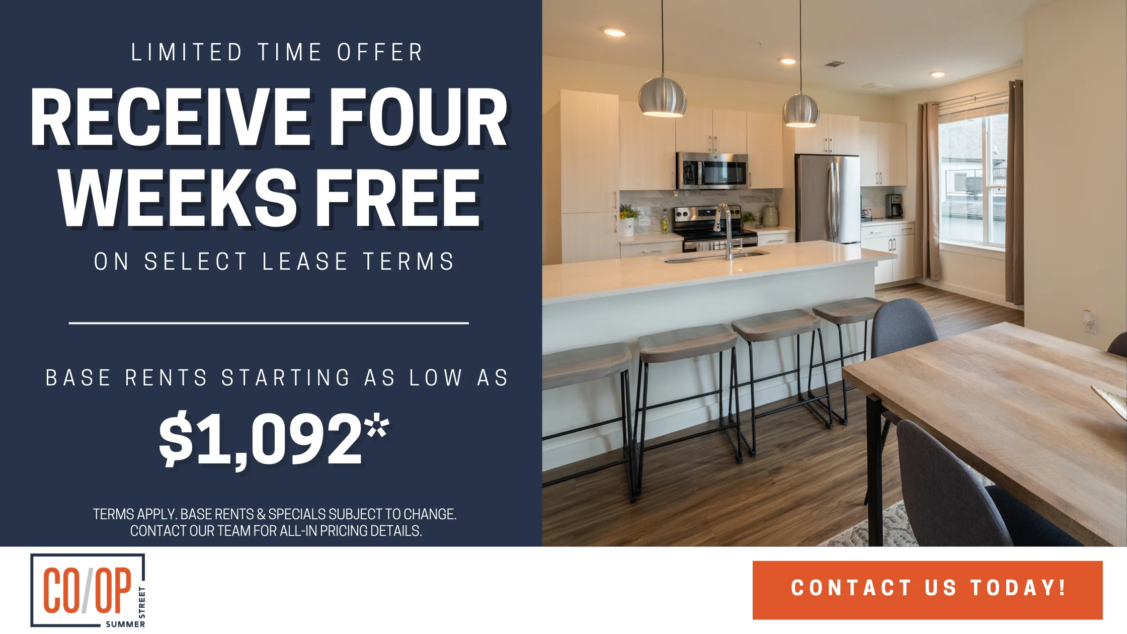Promotional advertisement for an apartment leasing offer showing a modern kitchen and dining area with text about rental terms.