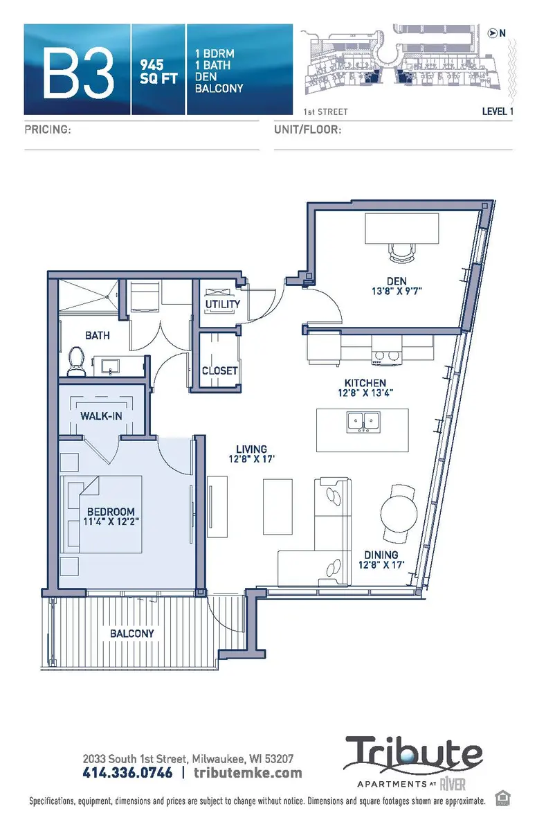 Floor plan of a 1-bedroom apartment with a balcony, featuring a den, kitchen, living room, and dining area.
