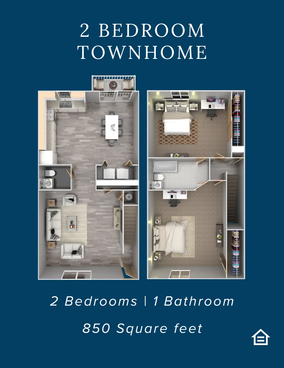 Floor plan of a 2-bedroom townhome, with labeled sections indicating living rooms, bedrooms, kitchen, and bathroom.