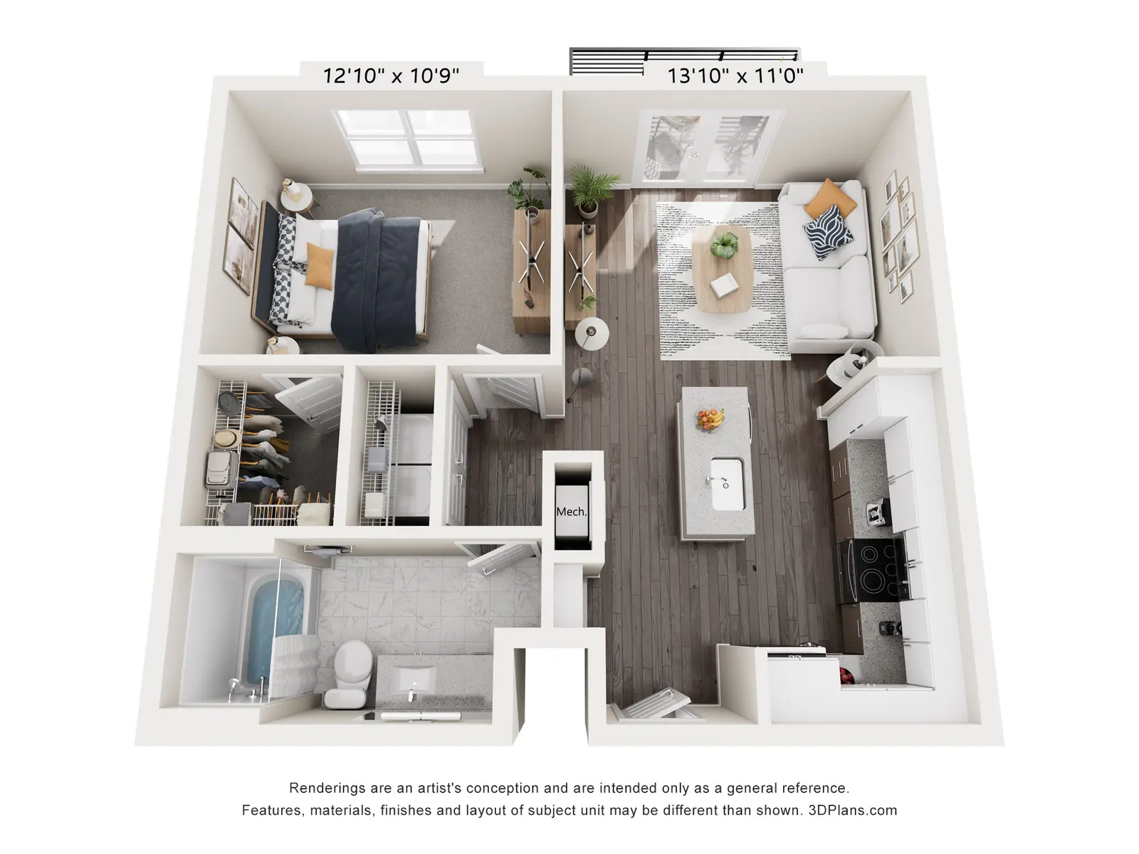 A 2D floor plan layout of a small apartment, featuring a bedroom, bathroom, and living area with an open kitchen. Dimensions are labeled for each section.
