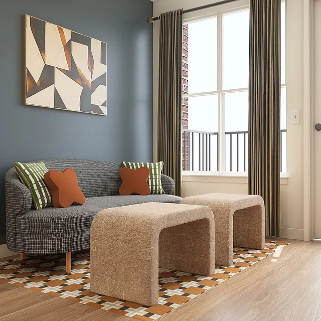 A modern living room featuring a gray couch with orange cushions, two light-colored stools, and a geometric wall art piece. The room has large windows with curtains and a small plant on a side table.