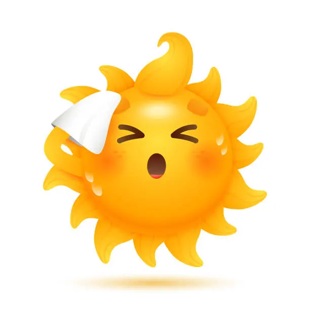 Cheerful Sun Emoji A cartoon sun emoji with a cheerful expression, sweating and holding a handkerchief.