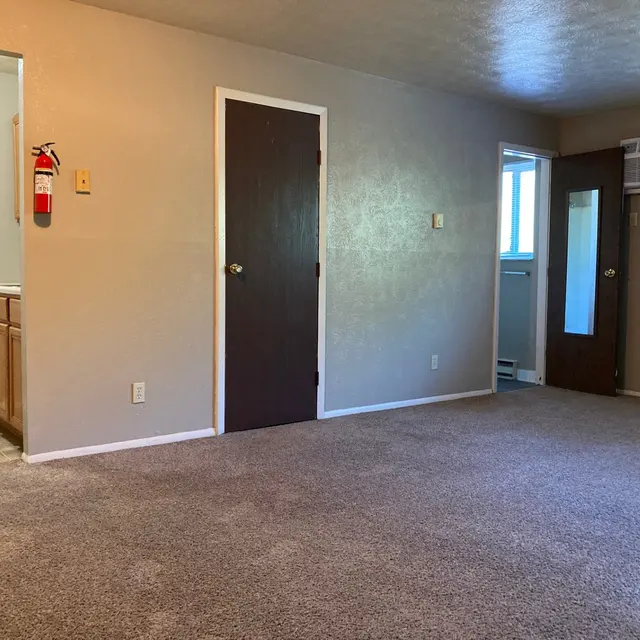 An interior view of a living room featuring light-colored walls, freshly carpeted floor, two doors leading to other rooms, and a small air conditioning unit on the wall.