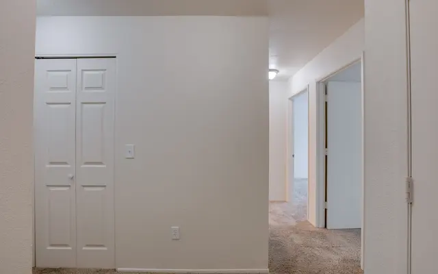 A hallway with a closed double door closet on the left and doorways leading to rooms at the far end. The walls are painted white and the carpet is beige.