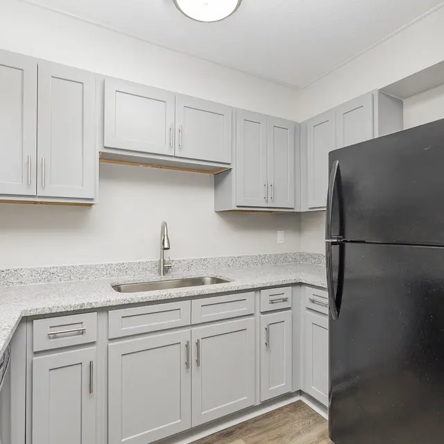 A modern kitchen featuring gray cabinetry and a black refrigerator, with a granite countertop and stainless steel sink.