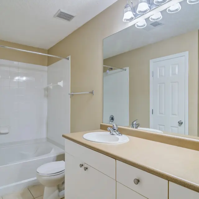 A modern bathroom featuring a bathtub combination with a shower, a vanity with a sink, and a large mirror. The walls are painted in a soft beige color.