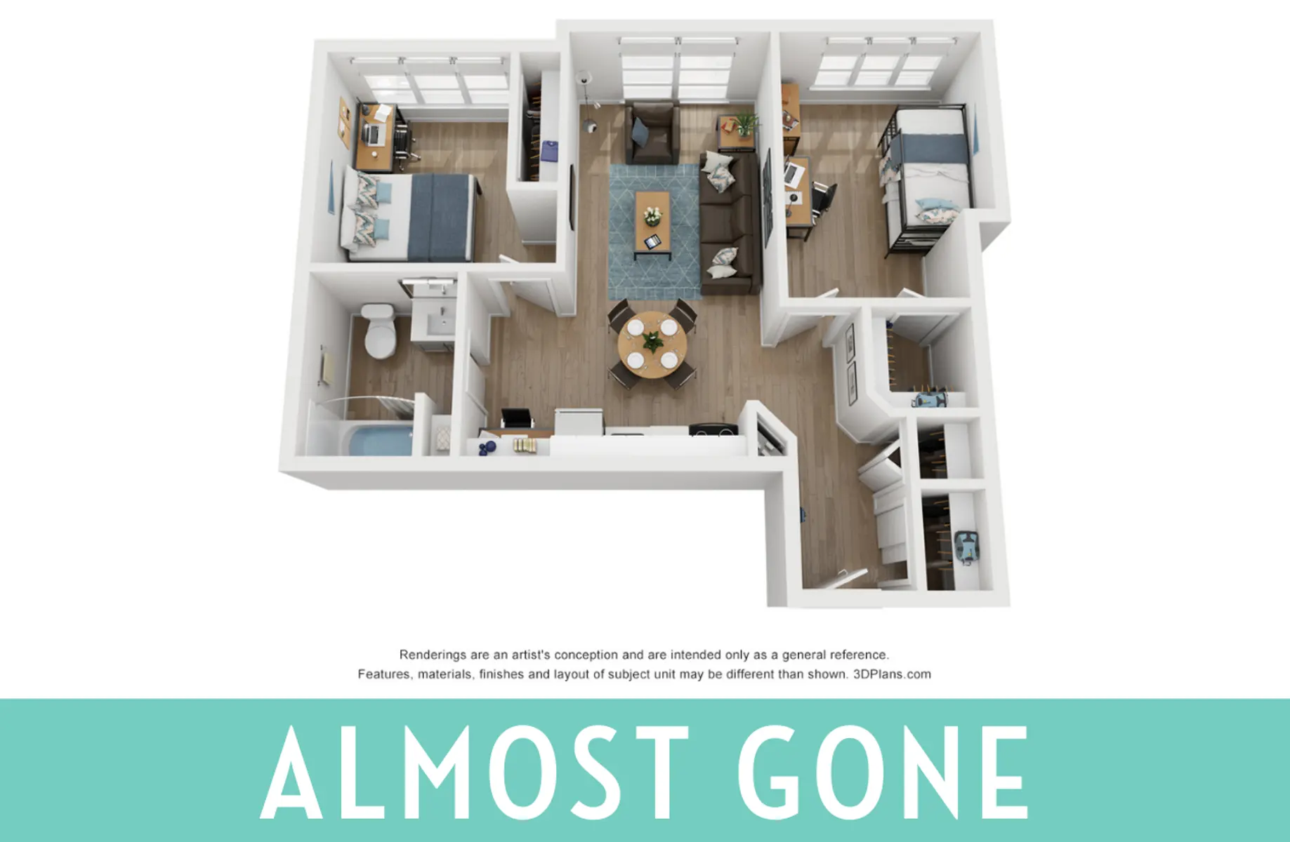 A 3D rendering of a floor plan, showcasing a modern living space with furniture and separated rooms including a living area, kitchen, bedrooms, and bathrooms.