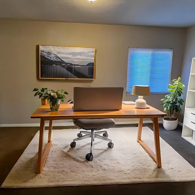 A modern home office setup featuring a wooden desk with a laptop and a plant. The room has neutral walls, a light rug, a bookshelf, and a closet space. There is a window with blinds letting in natural light.
