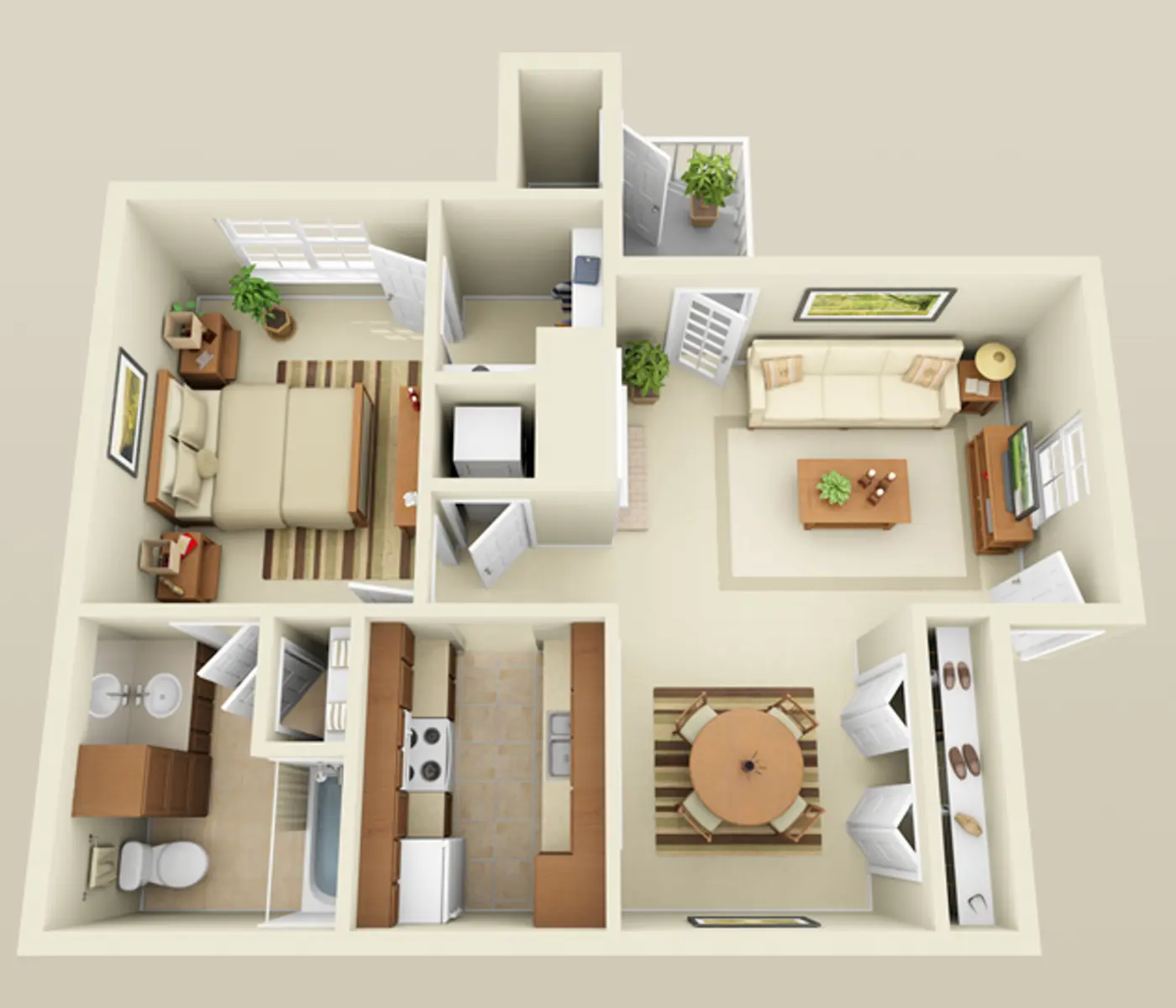 A top-down view of a small apartment layout featuring a bedroom, bathroom, kitchen, dining area, and living room.