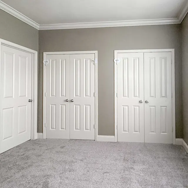 An empty room with gray walls and a soft carpet. There are three doors, two on the left with vertical paneling and one on the right next to a window.