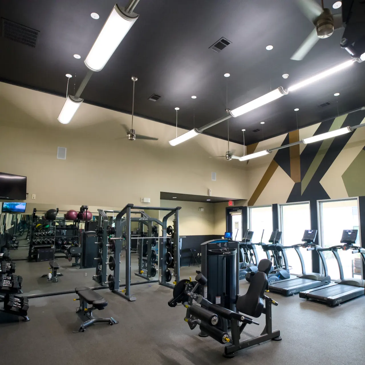 An interior view of a modern gym featuring various exercise equipment including treadmills, weight machines, and free weights. The walls are painted in neutral colors with a modern geometric design, and large windows provide natural light. The floor is carpeted and there is a flat-screen TV on the wall.