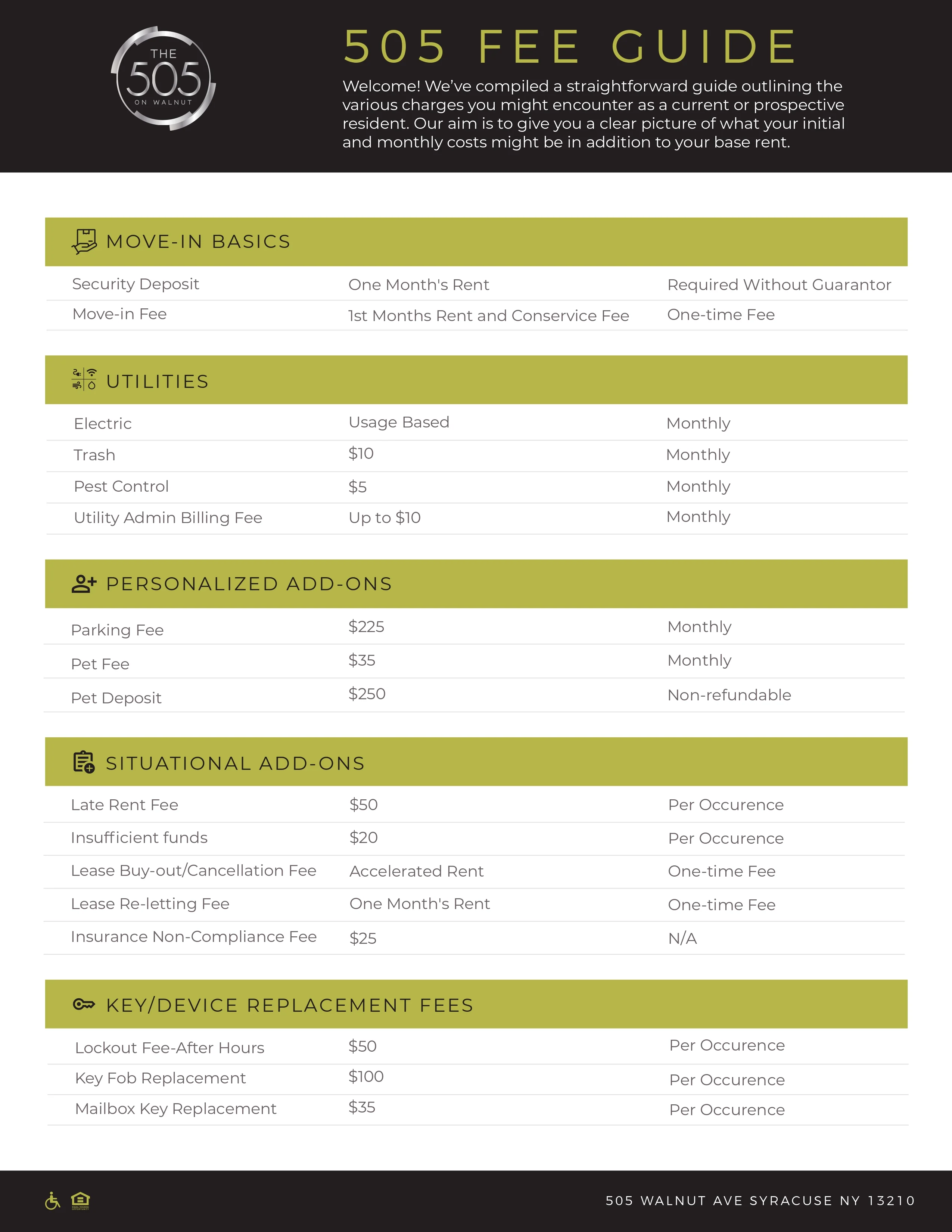 A fee guide for a property named 'The 505', outlining charges related to move-in basics, utilities, personalized add-ons, situational add-ons, and key/device replacement fees.
