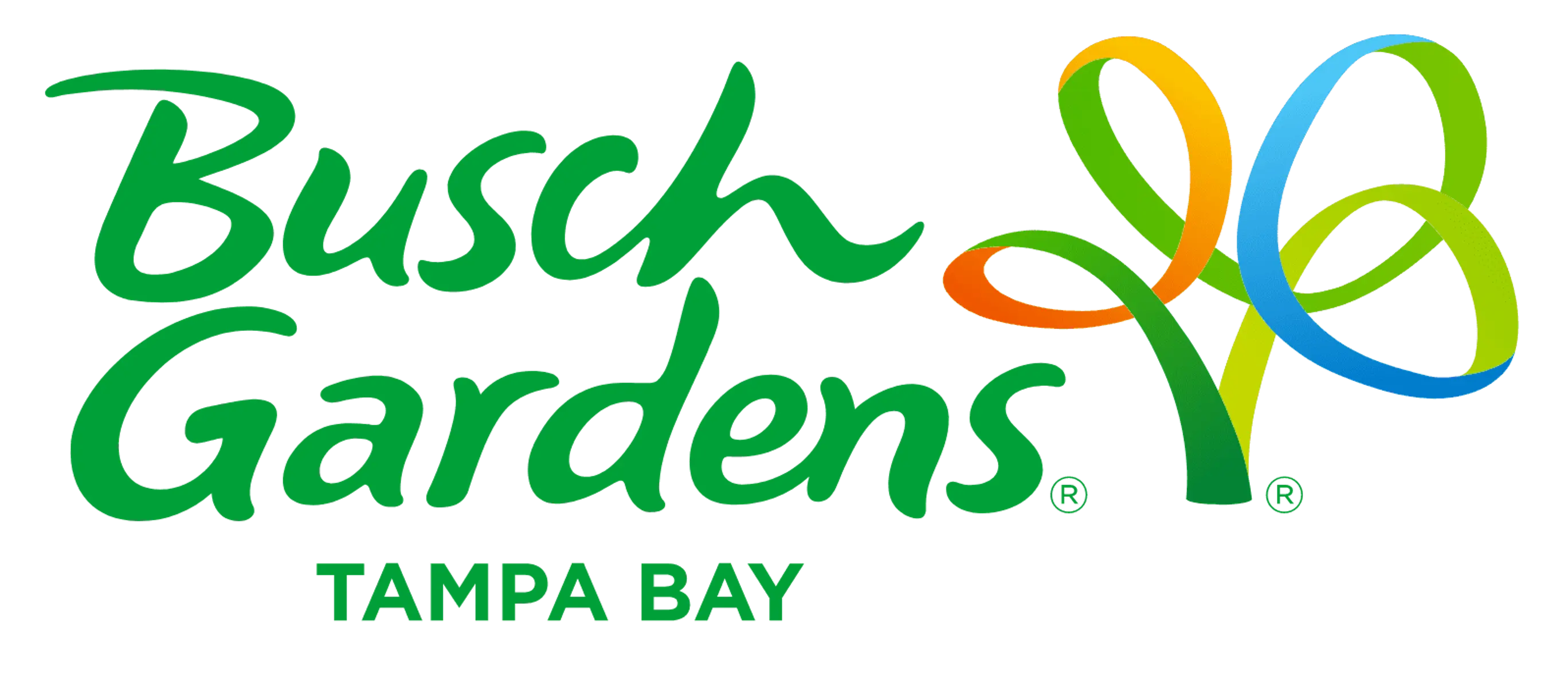 Logo of Busch Gardens Tampa Bay featuring green text with colorful decorative elements.