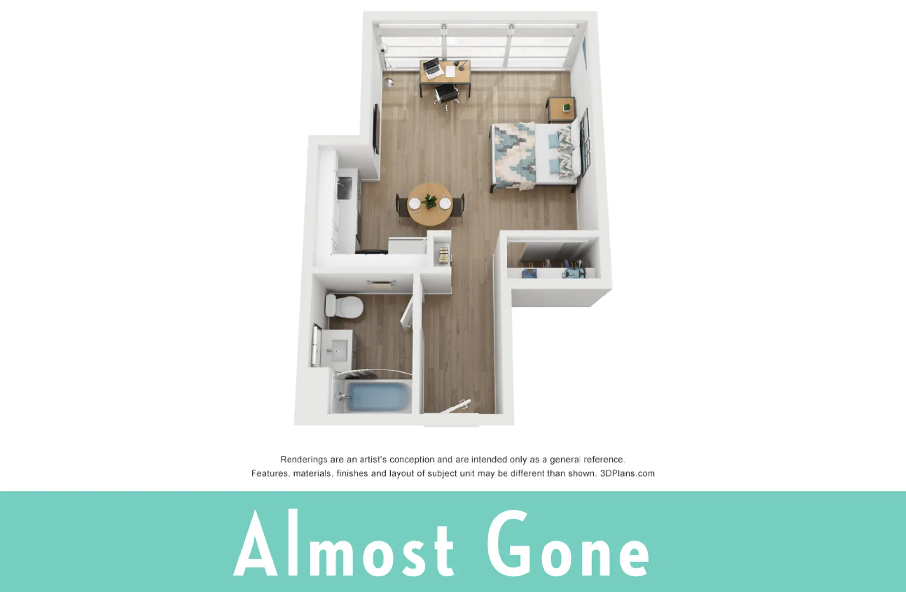 A top-down view rendering of a small apartment space featuring a bedroom area with a bed and a desk, a living area with a table and chairs, and a kitchenette with an adjoining bathroom.