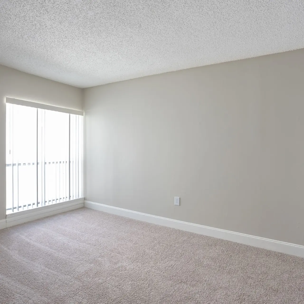 Empty room with beige carpet and light gray walls, featuring a window with blinds and a door on the right side.