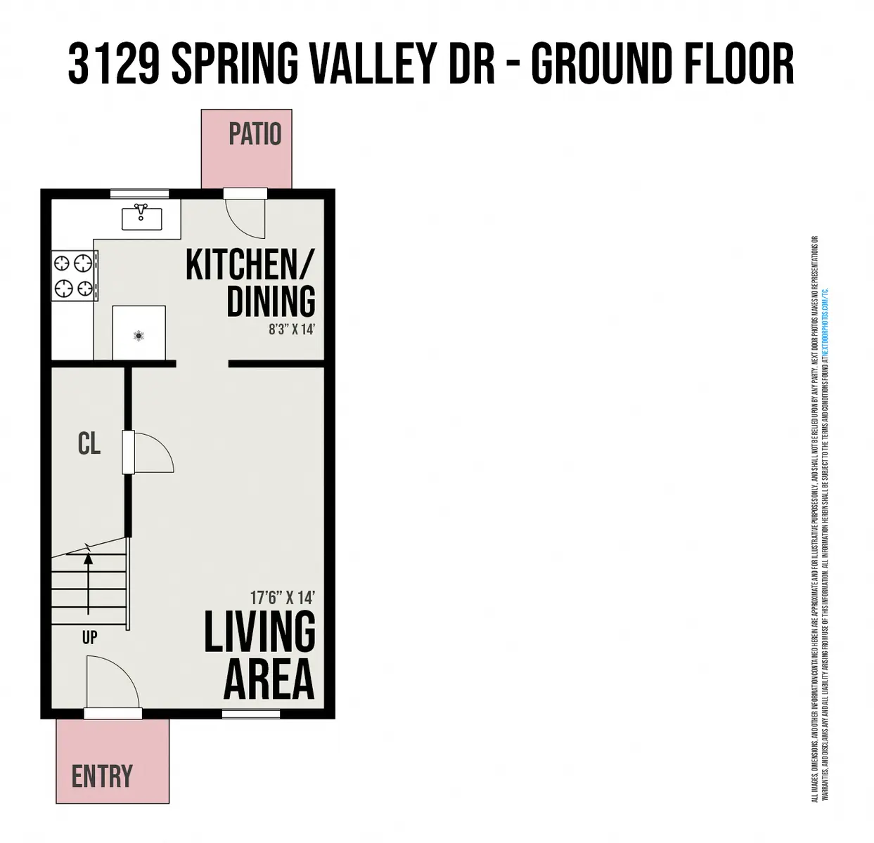 Floor plan for the ground floor of a residence at 3129 Spring Valley Dr, showing labeled areas such as Kitchen/Dining, Living Area, and a small patio outside.