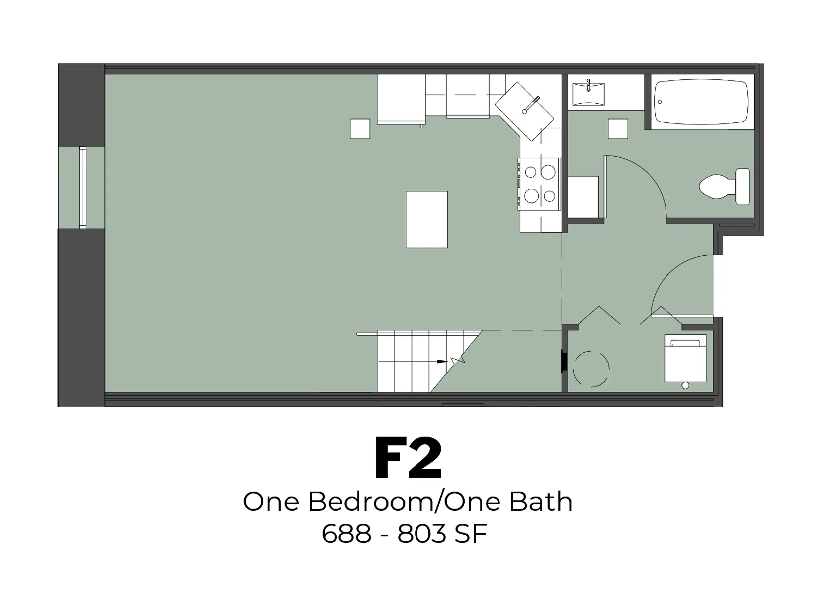 Architectural floor plan of a one-bedroom, one-bath apartment layout.