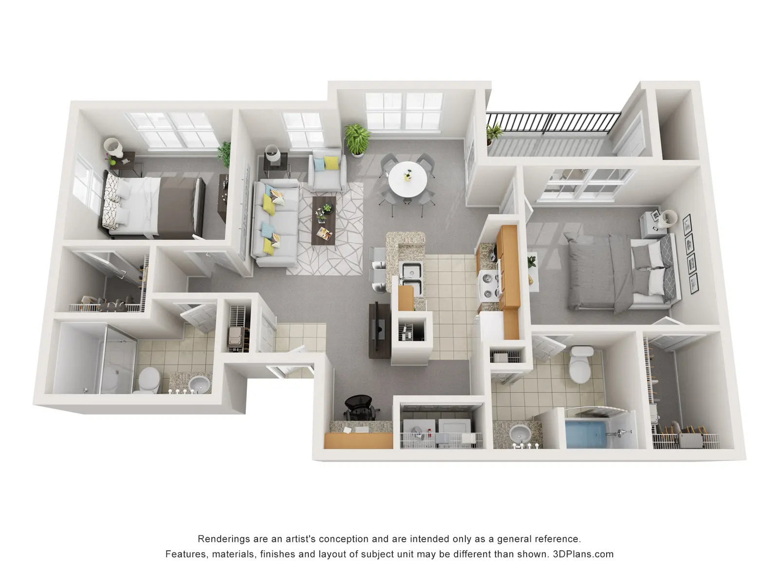 A 3D floor plan of a modern apartment showing two bedrooms, a living area, a dining space, a kitchen, and two bathrooms. The layout includes large windows and a balcony.