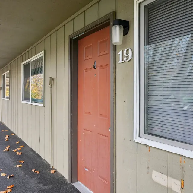 Exterior view of a single apartment door with the number 19, located on a covered walkway with fallen leaves.