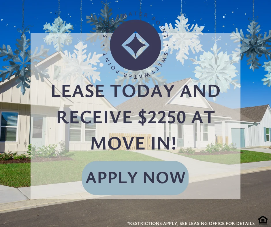Promotional banner for leasing an apartment with snowflakes and a call to action to apply now.