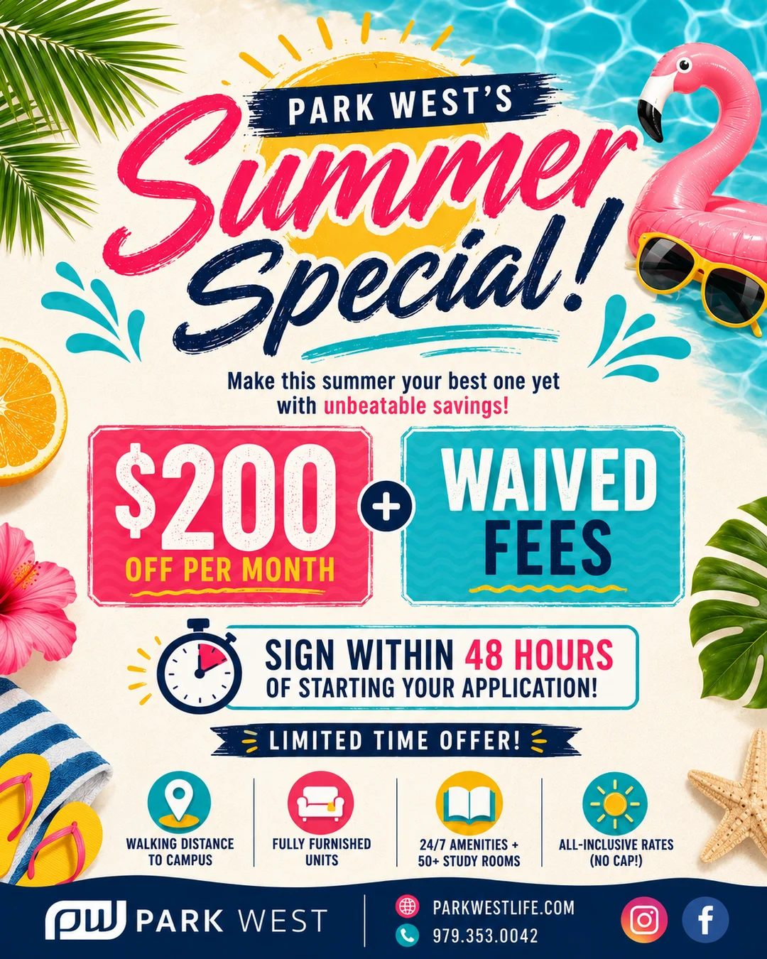 Promotional flyer for Park West's Summer Special offering discounts on rental prices and waived fees.