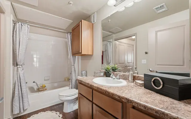 A modern bathroom featuring a bathtub with shower, wooden cabinets, a white sink, and decorative elements.